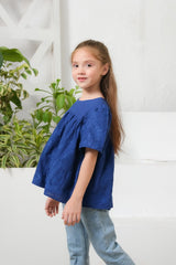 Sprinkles Stitched 1 Piece Summer Shirts Kids Collection'2025-Blue Floral Embroidered Round Neck Top