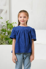 Sprinkles Stitched 1 Piece Summer Shirts Kids Collection'2025-Blue Floral Embroidered Round Neck Top