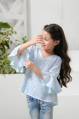 Sprinkles Stitched 1 Piece Summer Shirts Kids Collection'2025-Allover Sky Dot Print Frill Sleeves Top