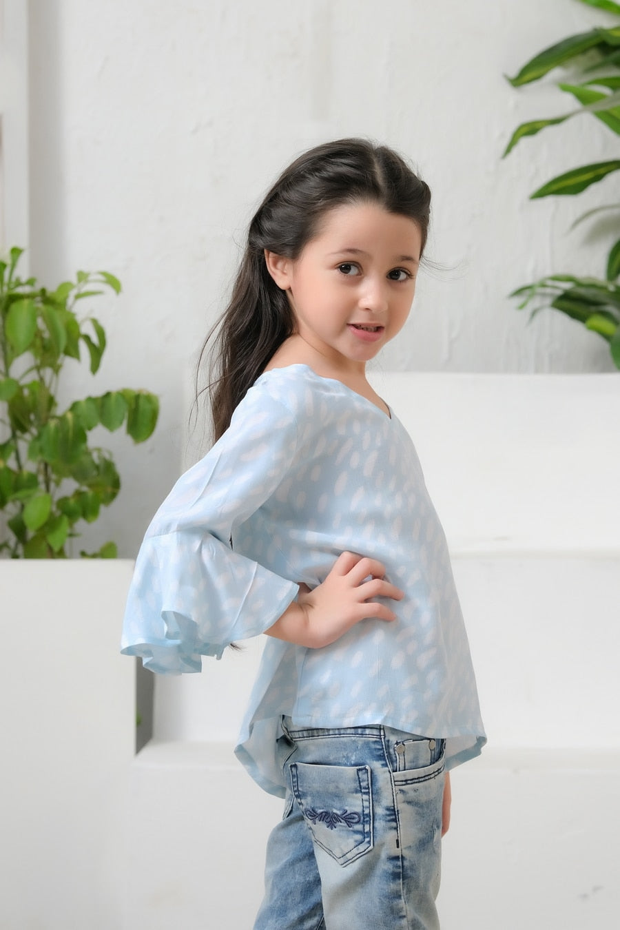 Sprinkles Stitched 1 Piece Summer Shirts Kids Collection'2025-Allover Sky Dot Print Frill Sleeves Top