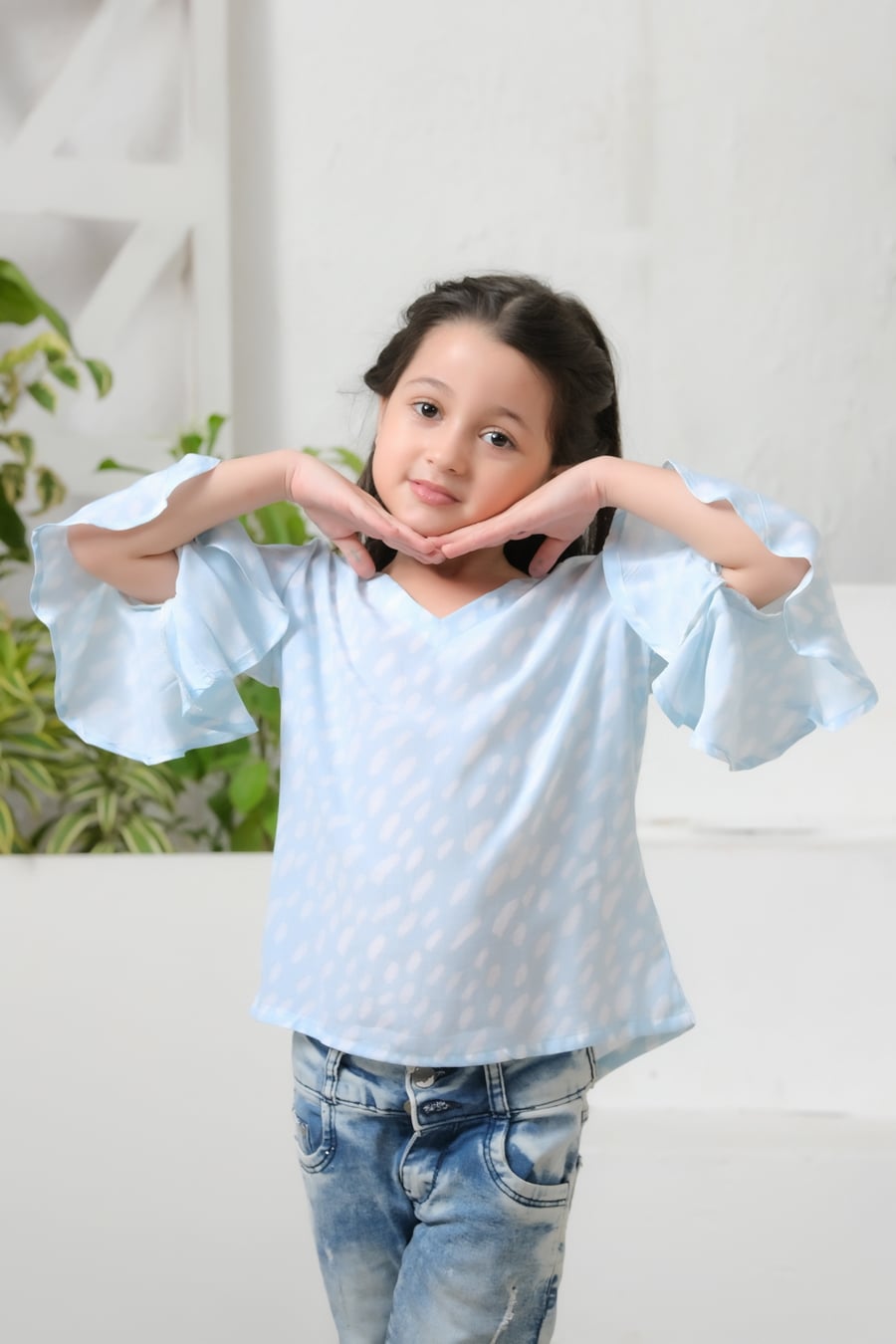Sprinkles Stitched 1 Piece Summer Shirts Kids Collection'2025-Allover Sky Dot Print Frill Sleeves Top