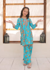 Khanak Stitched Kids-Turquoise Blue Embroidered Gharara KST 149