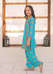 Khanak Stitched Kids-Turquoise Blue Embroidered Gharara KST 149