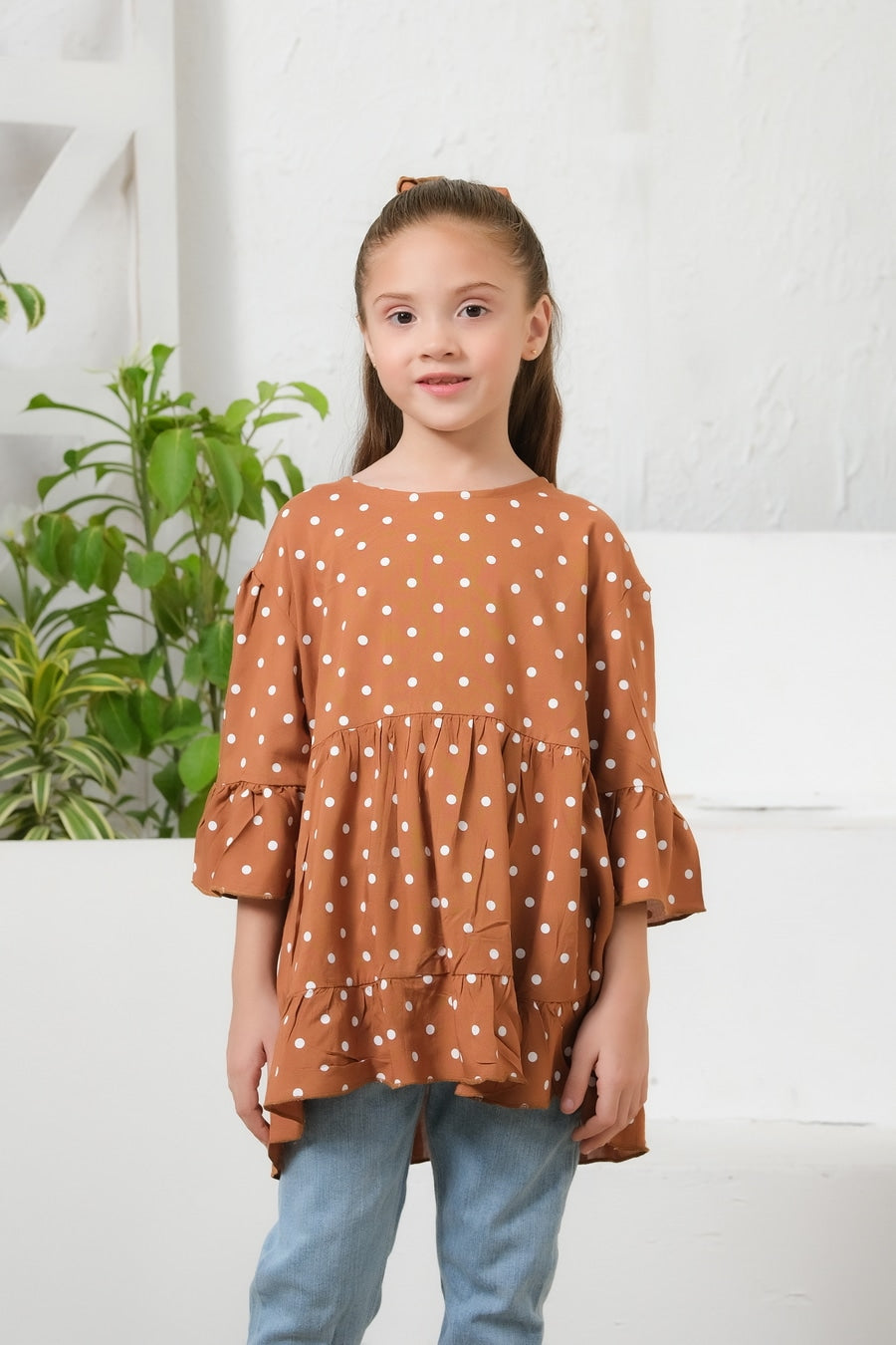 Sprinkles Stitched 1 Piece Summer Shirts Kids Collection'2025-Dot Print Puff Sleeve Peplum Top