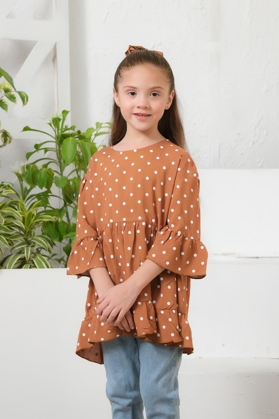 Sprinkles Stitched 1 Piece Summer Shirts Kids Collection'2025-Dot Print Puff Sleeve Peplum Top
