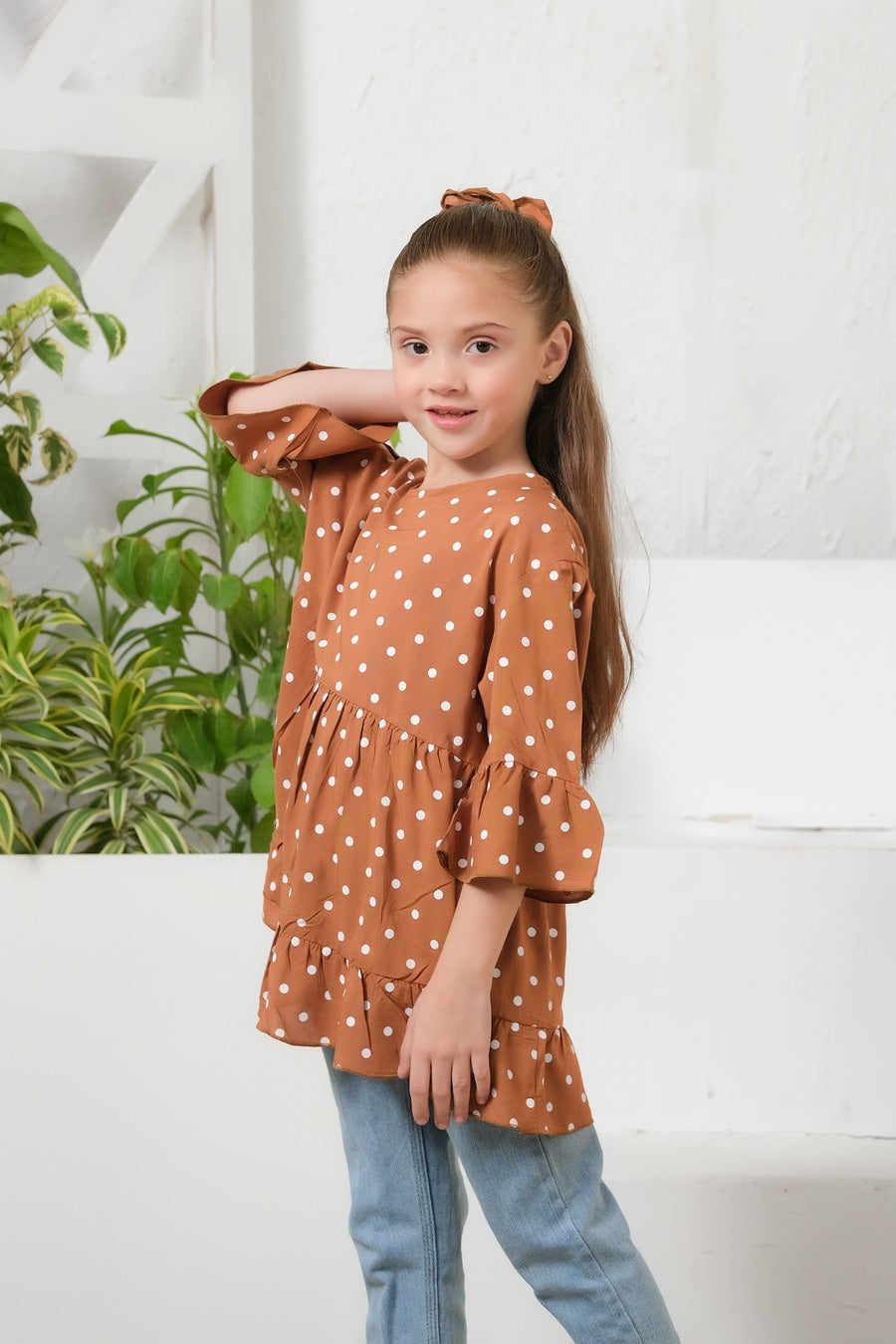 Sprinkles Stitched 1 Piece Summer Shirts Kids Collection'2025-Dot Print Puff Sleeve Peplum Top