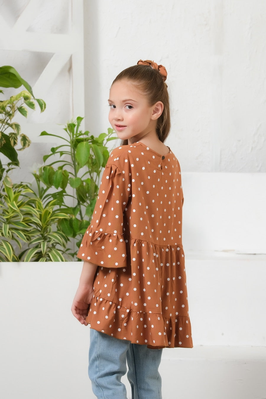 Sprinkles Stitched 1 Piece Summer Shirts Kids Collection'2025-Dot Print Puff Sleeve Peplum Top