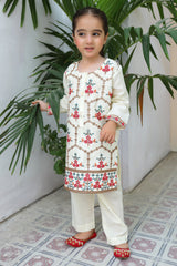 Khanak Stitched Kids-Floral White 2pcs Embroidered Suit KST 076