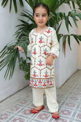 Khanak Stitched Kids-Floral White 2pcs Embroidered Suit KST 076
