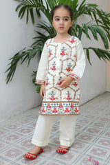 Khanak Stitched Kids-Floral White 2pcs Embroidered Suit KST 076