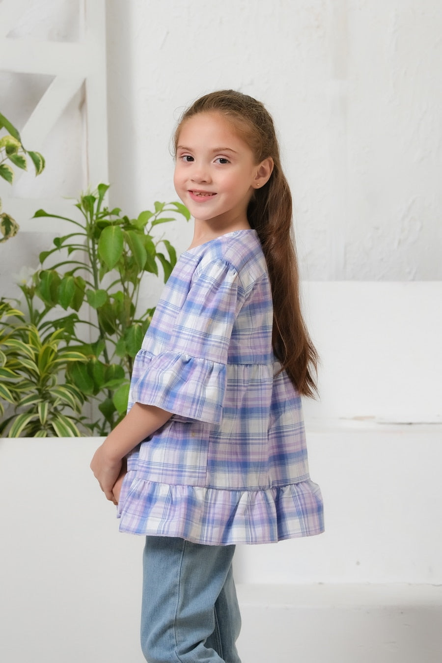 Sprinkles Stitched 1 Piece Summer Shirts Kids Collection'2025-Plaid  Print Puff Sleeve Shirt - Purple