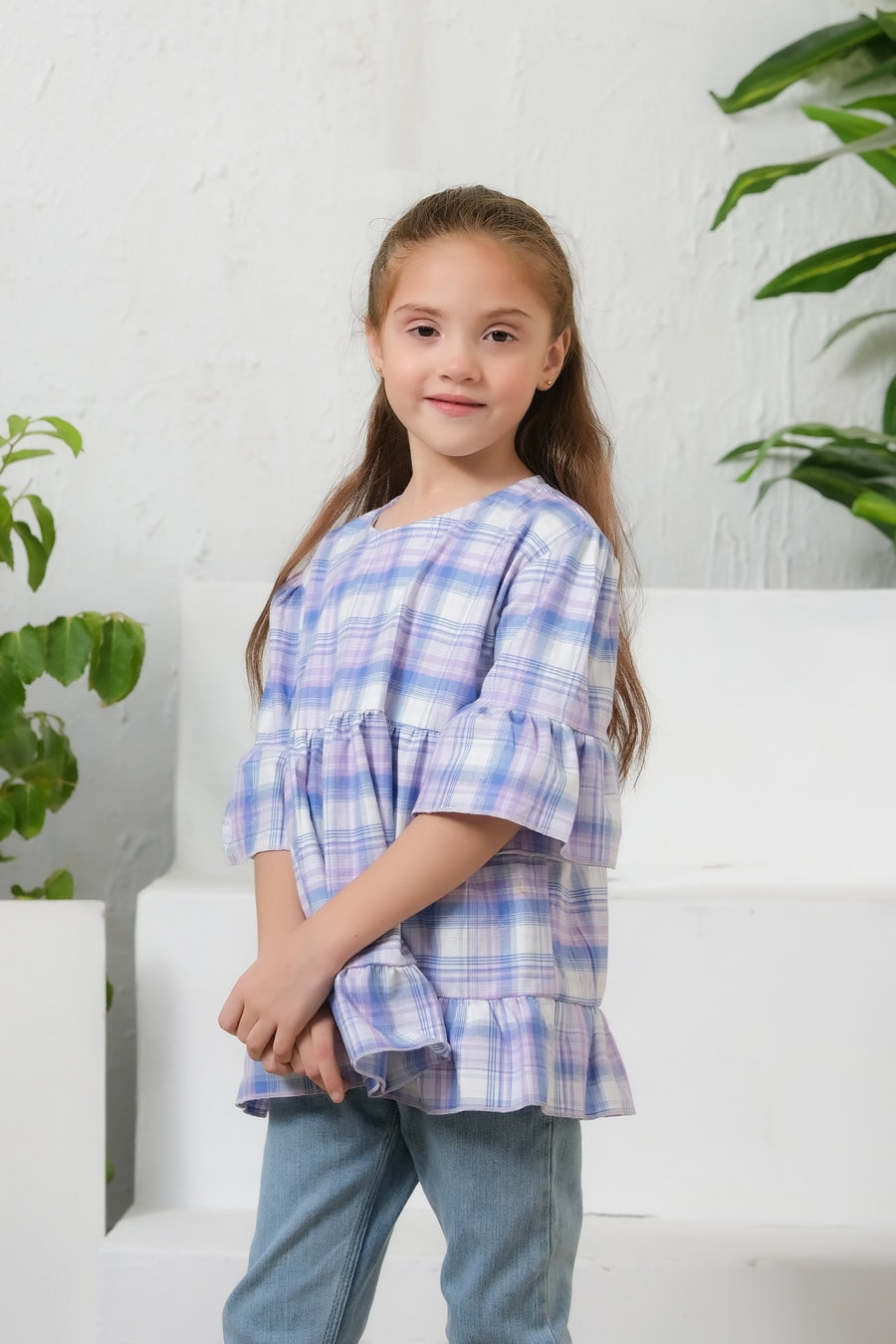 Sprinkles Stitched 1 Piece Summer Shirts Kids Collection'2025-Plaid  Print Puff Sleeve Shirt - Purple