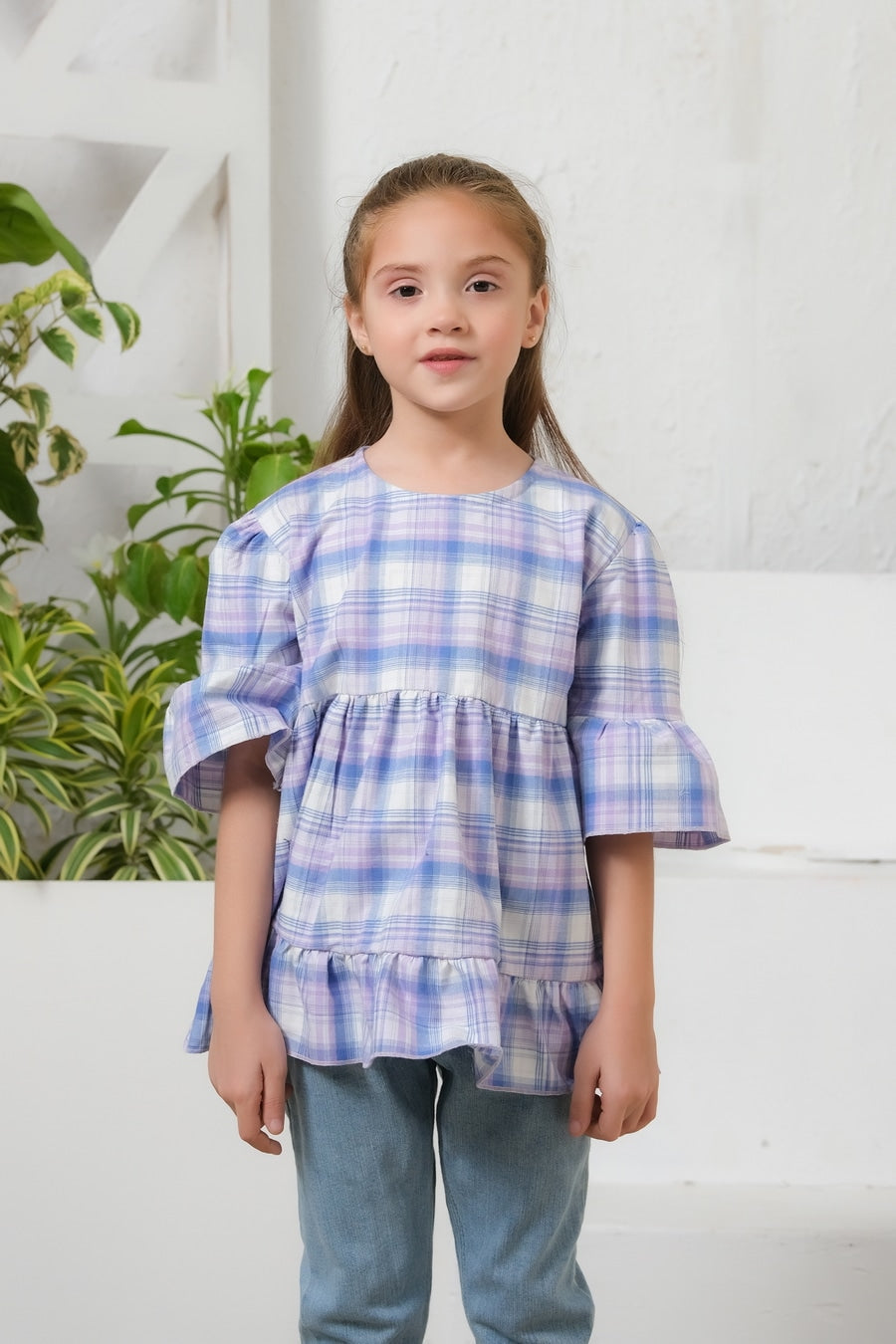 Sprinkles Stitched 1 Piece Summer Shirts Kids Collection'2025-Plaid  Print Puff Sleeve Shirt - Purple