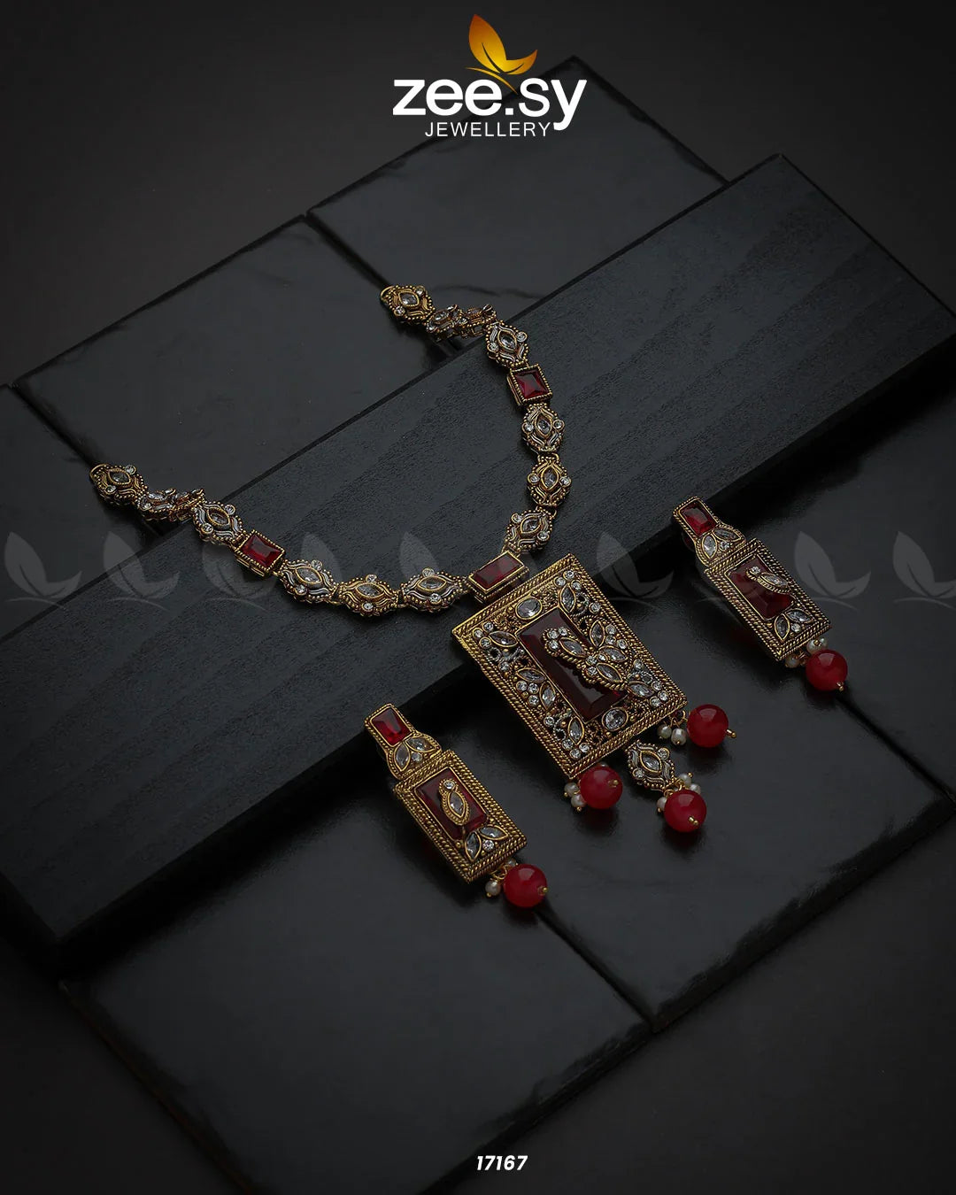 Majestic Gems Necklace Golden Red - Zeesy Jewellery