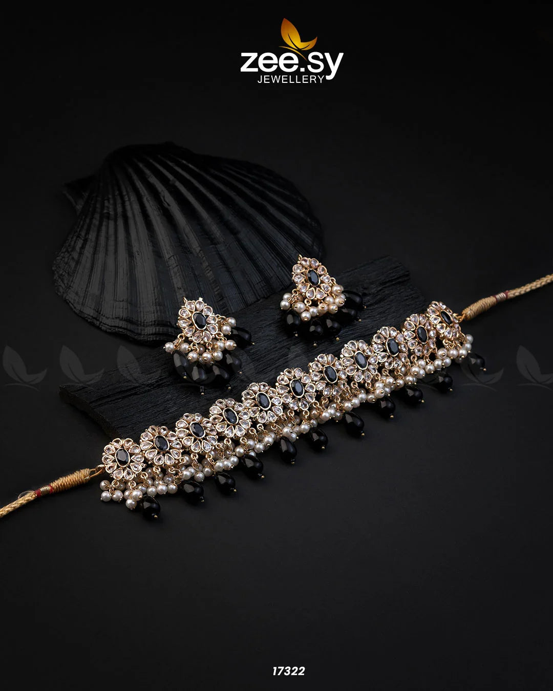 Blooming Flower Necklace Set Golden Black - Zeesy Jewellery