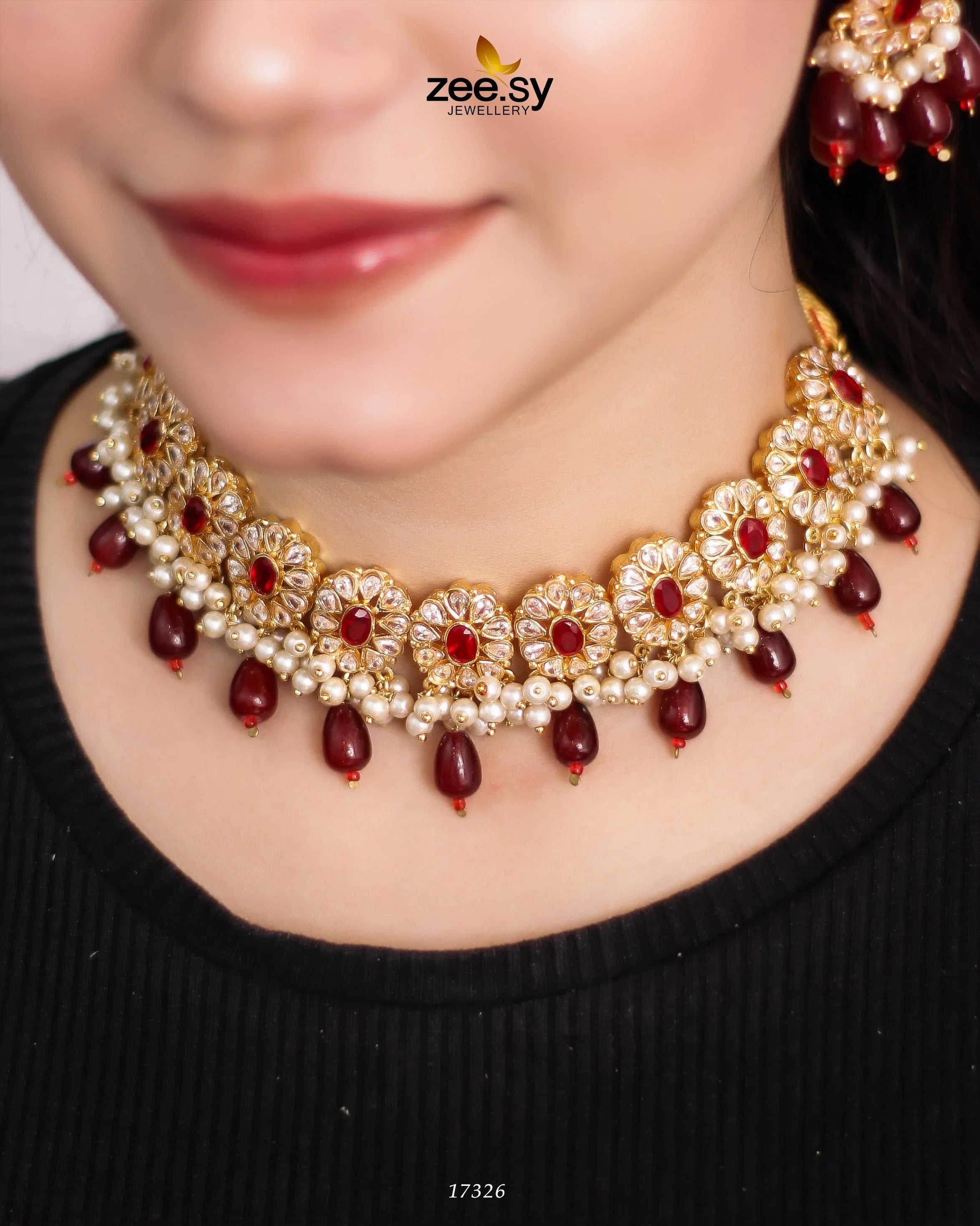 Blooming Flower Necklace Set Golden Red - Zeesy Jewellery