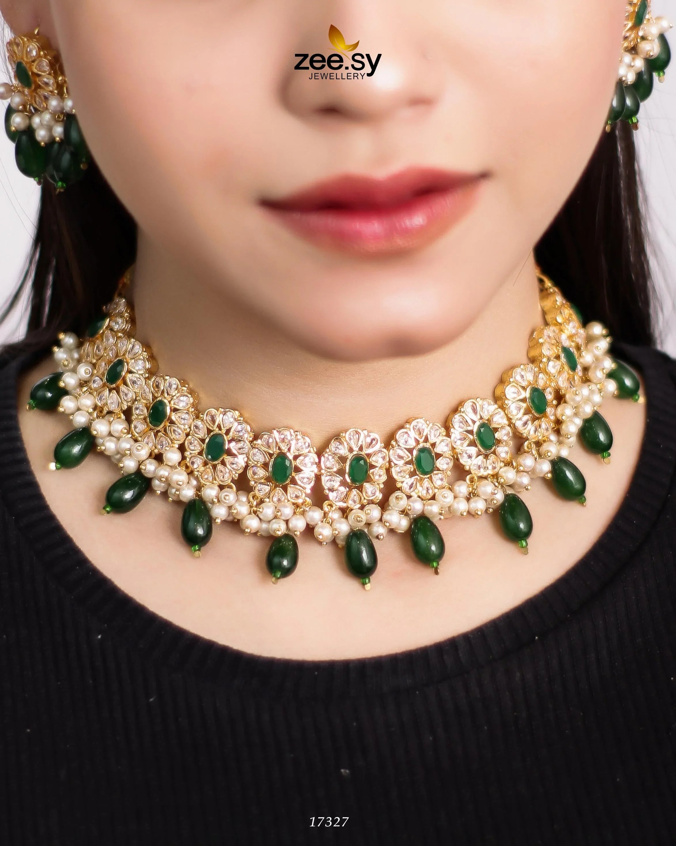 Blooming Flower Necklace Set Golden Green - Zeesy Jewellery