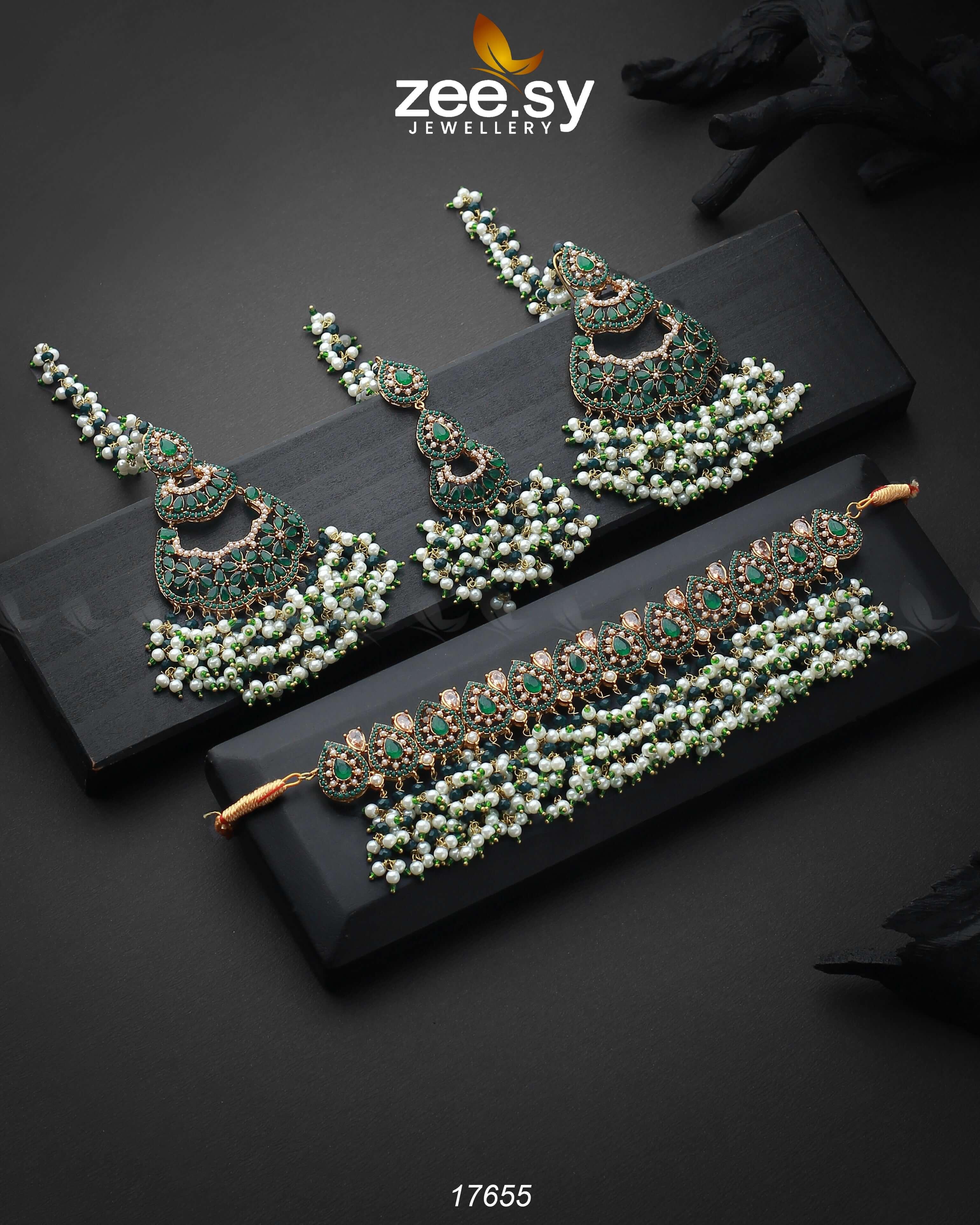 Amaira Chokar Necklace Set Green - Zeesy Jewellery