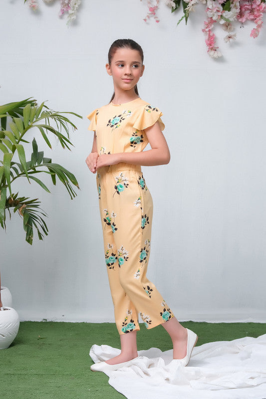 Sprinkles Stitched 1 Piece Summer Jumpsuit Kids Collection'2025-Yellow with Green Floral Print Smart Fit Jumpsuit