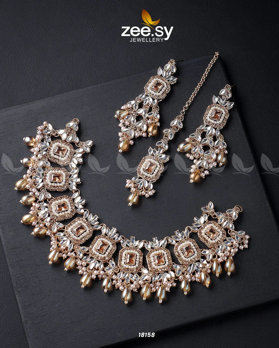 Stephanotis Necklace Set Golden Champagne - Zeesy Jewellery