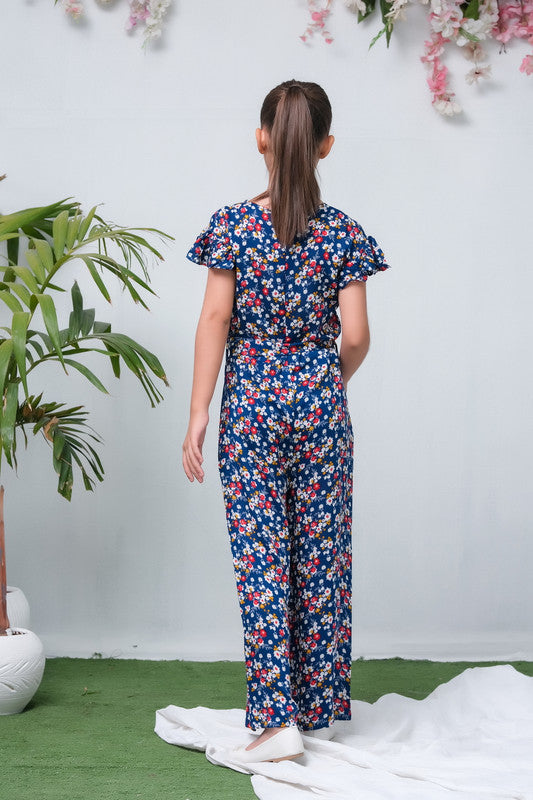 Sprinkles Stitched 1 Piece Summer Jumpsuit Kids Collection'2025-Royal Blue Floral Print Ruffle Trim Belted Jumpsuit