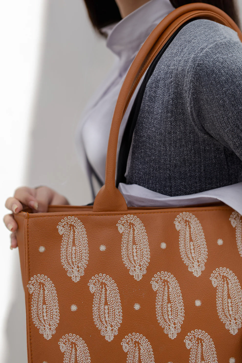 close up women embroidered tote handbag for office university and travel