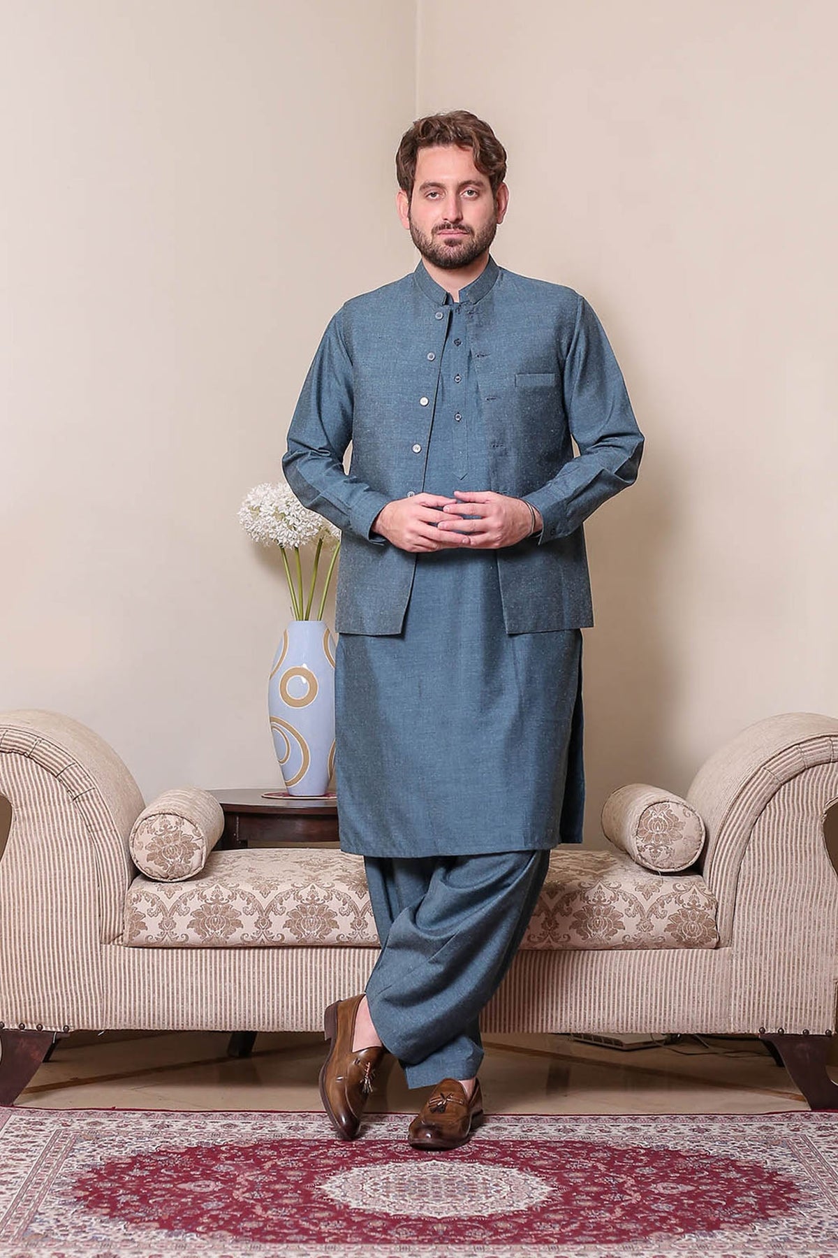 Real Image Mens Kurta Shalwar Winter Collection'2025-P-55 3Pcs Blue