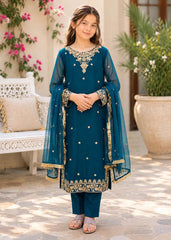 Modest Eid Edit 3 Piece Blue Embroidered Crinkle Suit