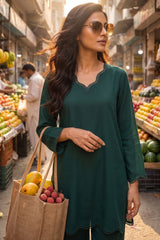 Zouj Stitched 2 Piece Solids Summer Co Ords Suit-Green