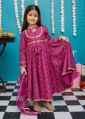 Eid Ki Khushiyan By Modest Stitched 3 Piece Cotton Frock Suit-9230-Prpl