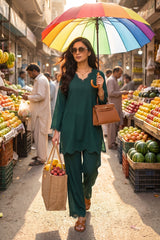 Zouj Stitched 2 Piece Solids Summer Co Ords Suit-Green