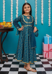 Eid Ki Khushiyan By Modest Stitched 3 Piece Cotton Frock Suit-9230-Blu
