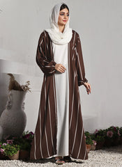 Hijab Ul Hareem Front Close Double Breast Zoom Fabric Brown Abaya (0122-P-712)