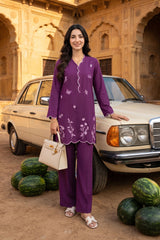 Zouj Stitched 2 Piece Solids Summer Co Ords Suit-Purple