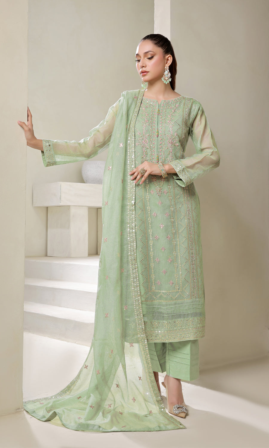 Shamooz Stitched 3 Piece Luxury Festive Eid Collection'2025-Sea Green SE-014