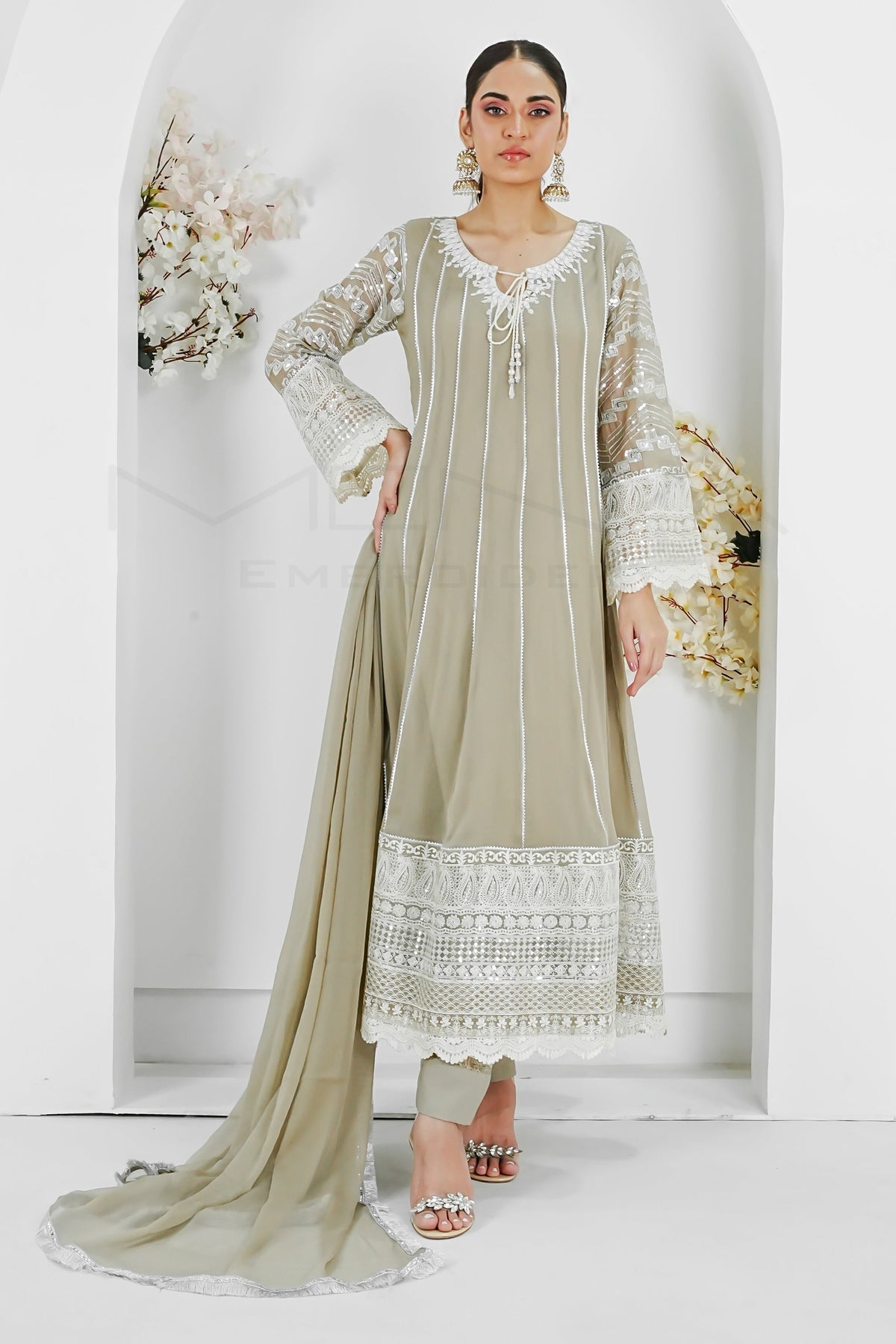 Manahils Stitched Formals Kurti 121-Crimson Glow- Light Brown