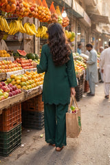 Zouj Stitched 2 Piece Solids Summer Co Ords Suit-Green