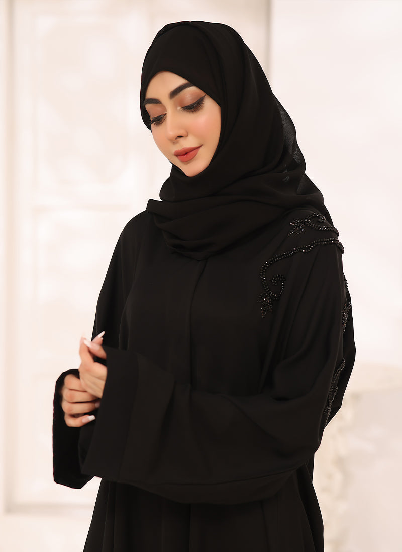 Nida Fabric Hand Work Front Open Abaya