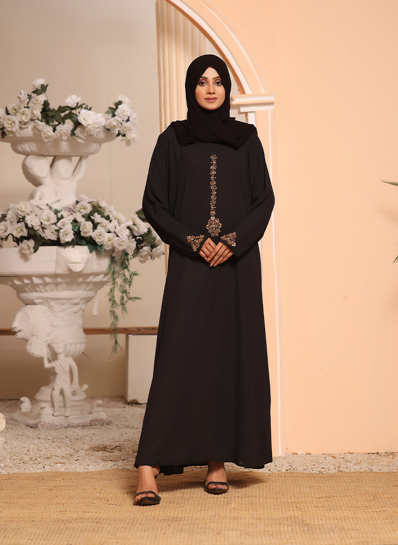 Hijab Ul Hareem Black Double Georgette Front Closed Hand Work Abaya - 0120-J-254