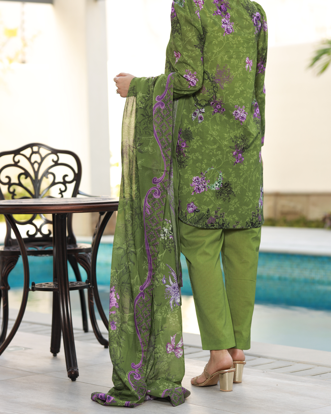 Olive Garden Lawn Digital Print Unstitched Suit Set in mehndi olive green with floral pattern, three-piece lightweight lawn fabric ethnic outfit for women.