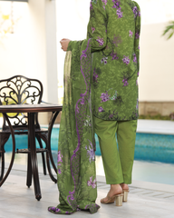 Olive Garden Lawn Digital Print Unstitched Suit Set in mehndi olive green with floral pattern, three-piece lightweight lawn fabric ethnic outfit for women.
