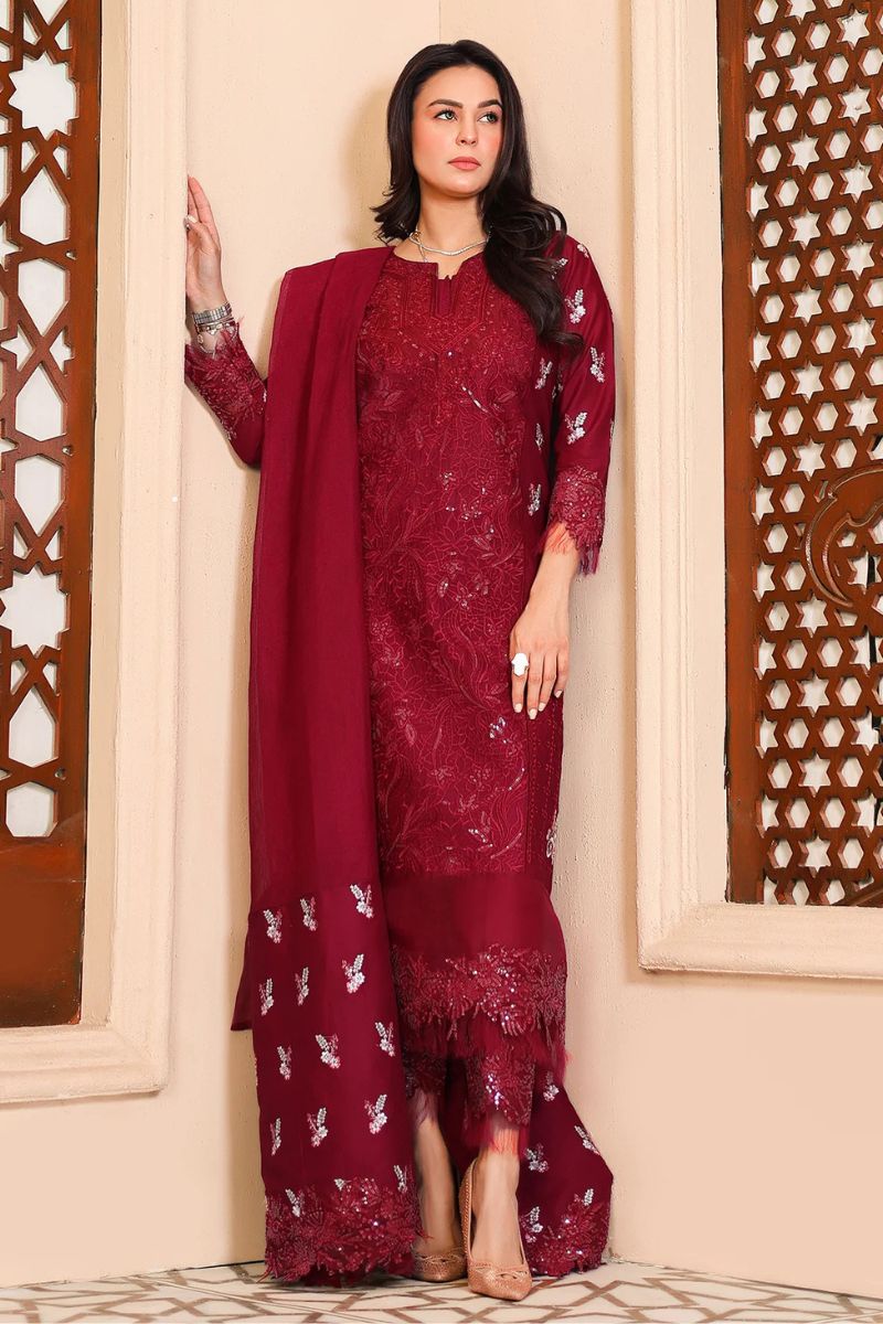 Tabeer By Mariam Malik Unstitched 3 Piece Summer Collection'2025-Garnet Rose