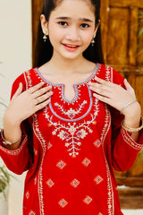Khanak Stitched Kids-Imperial Red Embroidered Gharara KST 113