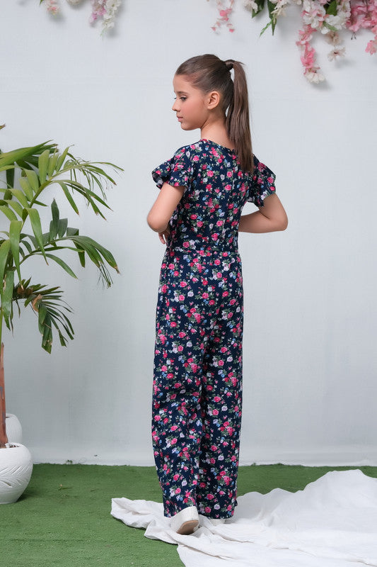 Sprinkles Stitched 1 Piece Summer Jumpsuit Kids Collection'2025-Navy Blue Camellia Floral Print Jumpsuit