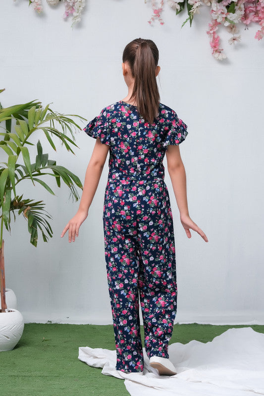 Sprinkles Stitched 1 Piece Summer Jumpsuit Kids Collection'2025-Navy Blue Camellia Floral Print Jumpsuit