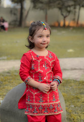 Khanak Stitched Kids-Tomato Red Embroidered 2Pcs Suit KST 083