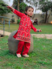 Khanak Stitched Kids-Tomato Red Embroidered 2Pcs Suit KST 083