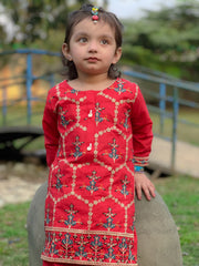 Khanak Stitched Kids-Tomato Red Embroidered 2Pcs Suit KST 083