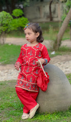 Khanak Stitched Kids-Tomato Red Embroidered 2Pcs Suit KST 083