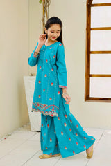 Khanak Stitched Kids-Dark Cyan Embroidered Gharara KST 116